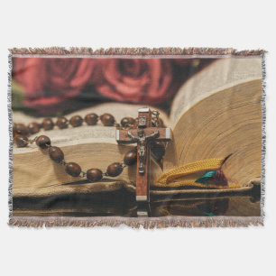 Wooden Rosary with Jesus on Cross Throw Blanket