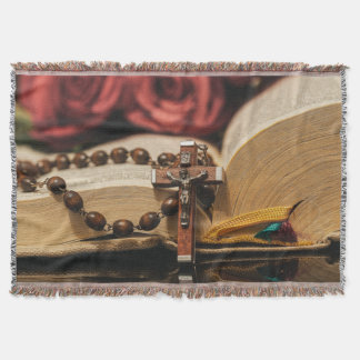 Wooden Rosary with Jesus on Cross Throw Blanket