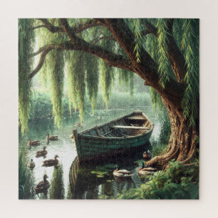 Wooden Rowboat Under a Willow Tree Jigsaw Puzzle