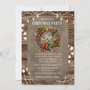 Wooden Rustic Christmas Joy wreath Party Dinner Invitation