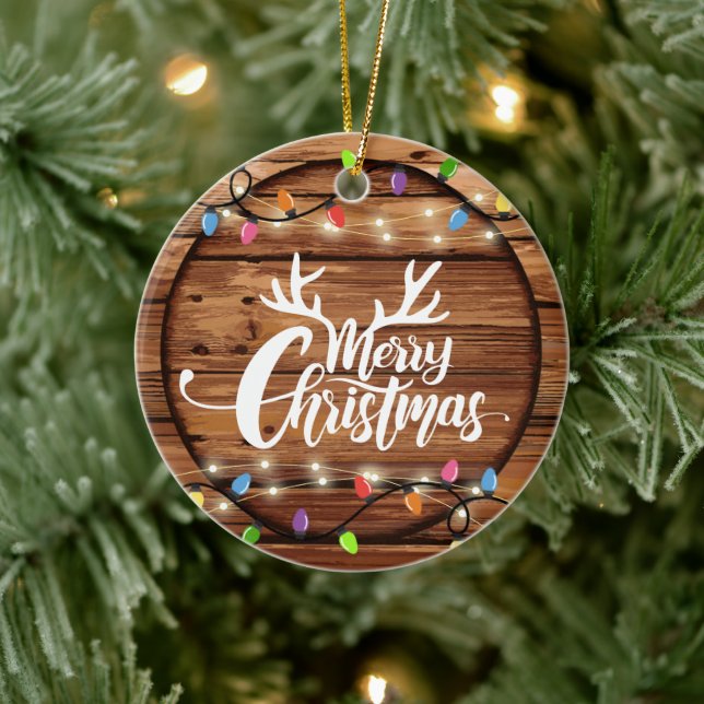 Wooden Rustic Christmas Light Script Family Photo Ceramic Ornament (Tree)