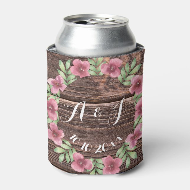 Wooden Rustic floral monogram can coolers (Can Front)