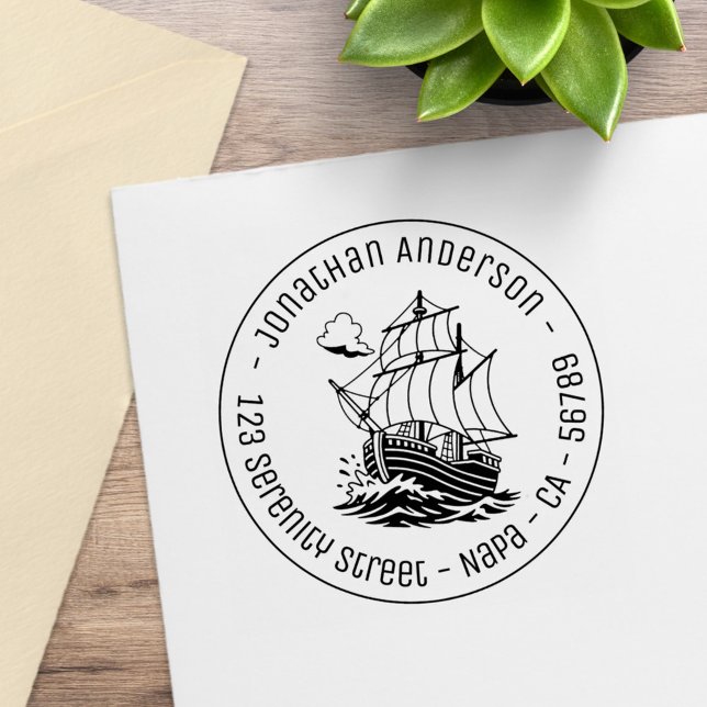 Wooden Sailing Ship Stormy Sea Round Address Rubber Stamp (Creator Uploaded)