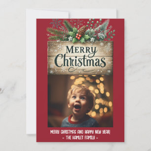 Wooden Sign Botanical Evergreen Holiday Card