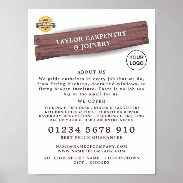 Wooden Sign, Carpentry, Carpenter Advertising Poster (Front)