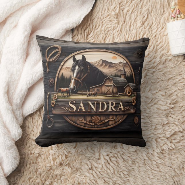Wooden Sign Featuring Horse And Barn At Sunset Cushion (Blanket)