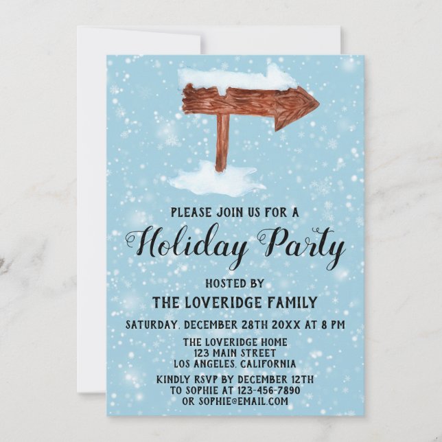 Wooden Sign & White Snow Christmas Holiday Party Invitation (Front)