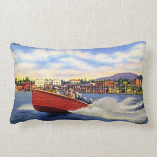 Wooden Speed Boat on Lake Coeur d'Alene, Idaho Lumbar Cushion