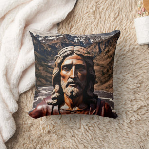Wooden Statue of Jesus in Mountain Landscape Cushion
