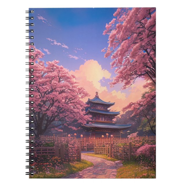 Wooden Temple Embraced by Cherry Blossom Notebook (Front)