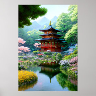 Wooden Temple in Japanese Garden Poster