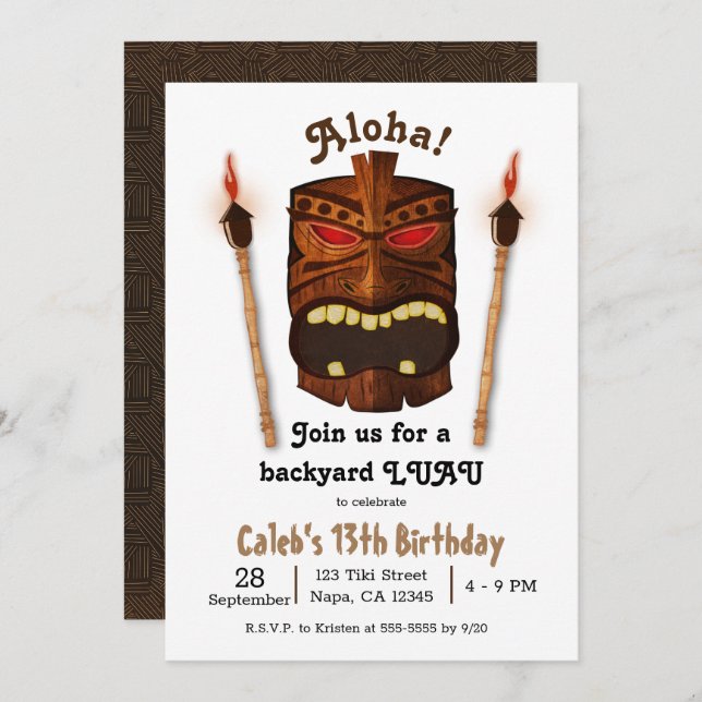 Wooden Tiki Aloha Polynesian Mask Luau Birthday Invitation (Front/Back)