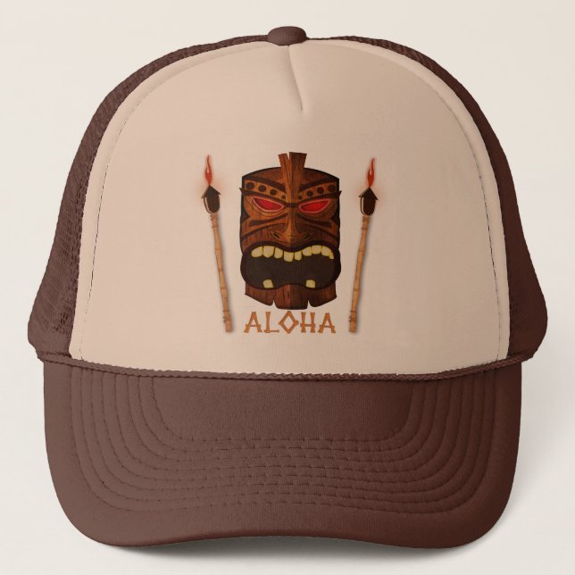 Wooden Tiki Aloha Retro Hawaiian Summer Custom Trucker Hat (Front)