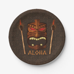 Wooden Tiki Mask Vintage Retro ALOHA Summer Party Paper Plate