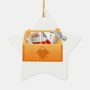 Wooden Toolbox with Tools Ceramic Tree Decoration