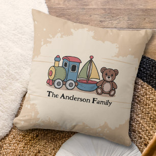 Wooden Toys with train, sailboat, and teddy bear Cushion