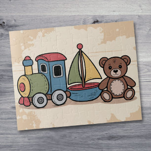 Wooden Toys with train, sailboat, and teddy bear Jigsaw Puzzle