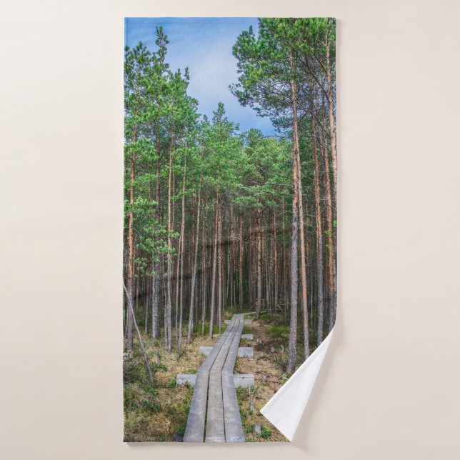 Wooden trail in pine forest bath towel (Bath Towel)
