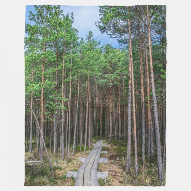Wooden trail in pine forest fleece blanket (Front)