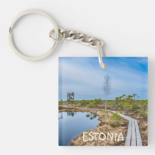 Wooden trail over swamp in Estonia Key Ring