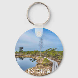 Wooden trail over swamp in Estonia Key Ring