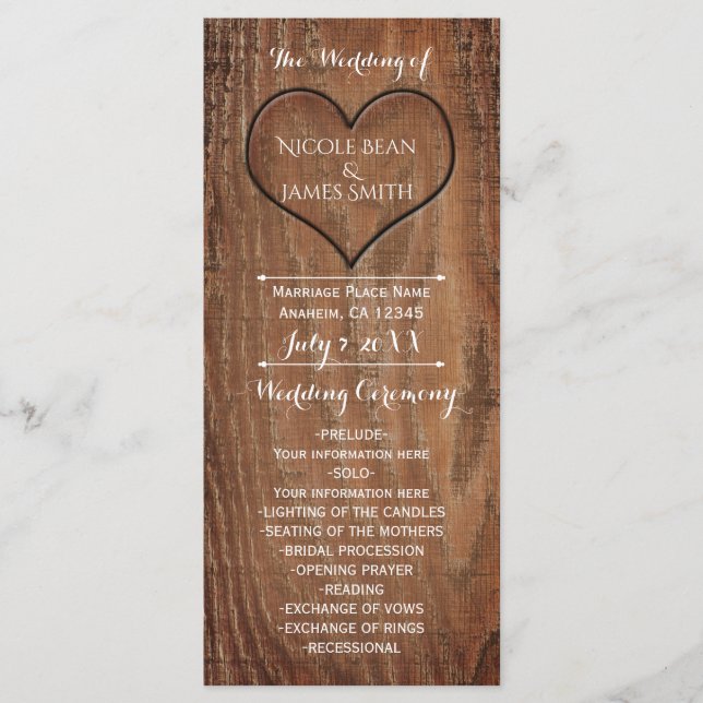 Wooden Tree Carved in Heart Rustic Wedding Program (Front)