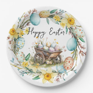 Wooden trolley with decorative eggs floral Easter Paper Plate