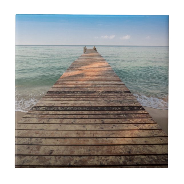Wooden Walk Path and Sea in Summer Ceramic Tile (Front)