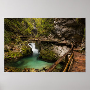 Wooden walkway through Vintgar Gorge canyon Poster