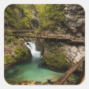 Wooden walkway through Vintgar Gorge canyon Square Sticker
