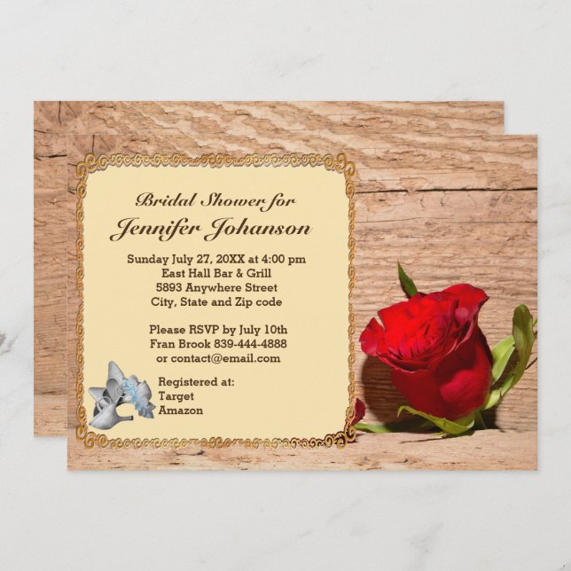 Wooden Wall & Red Rose Bridal Shower Invitation (Front/Back)