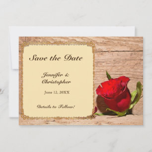 Wooden Wall & Red Rose Save the Date Card