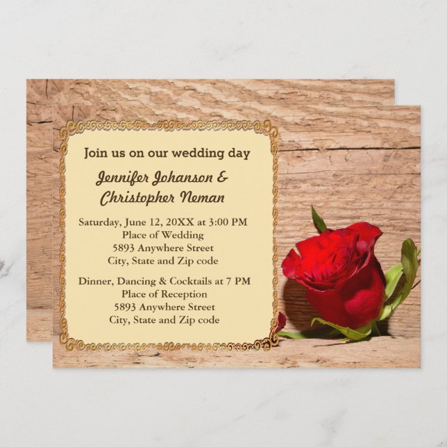 Wooden Wall & Red Rose Wedding Invitation (Front/Back)