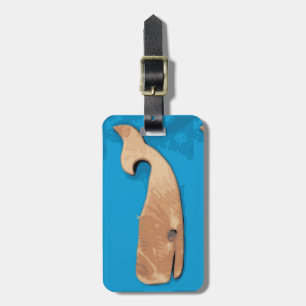 wooden whale blue luggage tag