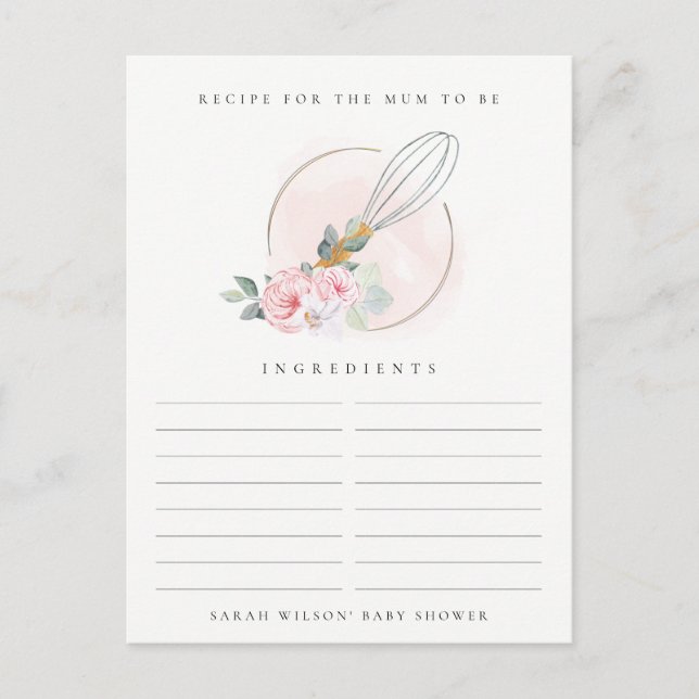 Wooden Whisk Floral Recipe Request Baby Shower Postcard (Front)