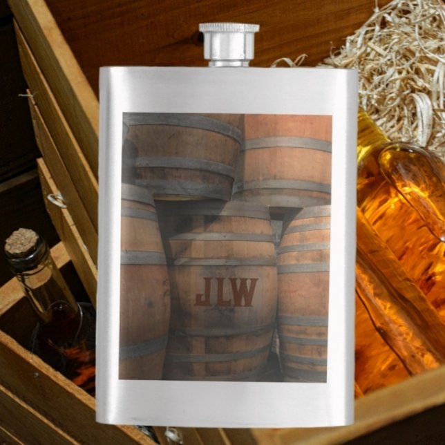 Wooden Whiskey Barrel Kegs Monogrammed Hip Flask (Creator Uploaded)