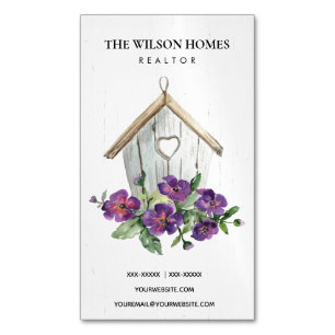WOODEN WHITE FLORAL BIRDHOUSE REAL ESTATE REALTOR 	Magnetic BUSINESS CARD