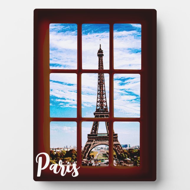 Wooden window with view on Eiffel tower, Paris Plaque (Front)