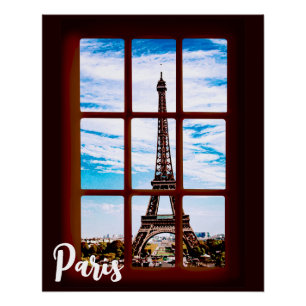 Wooden window with view on Eiffel tower, Paris Poster