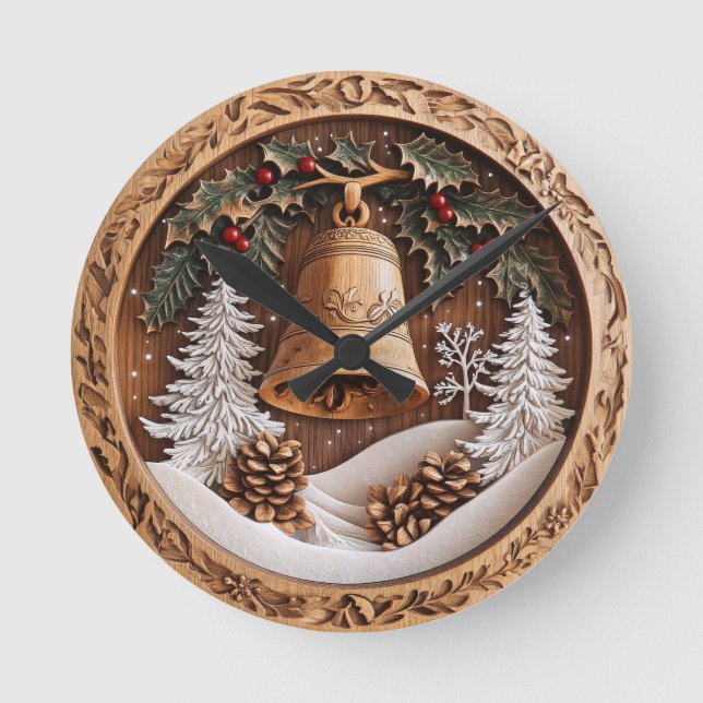 Wooden winter bell, handcrafted AI design Clock (Front)