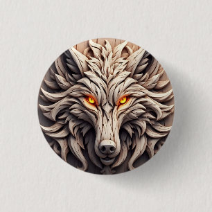 Wooden Wolf Art Carving with Geometric Patterns 3 Cm Round Badge