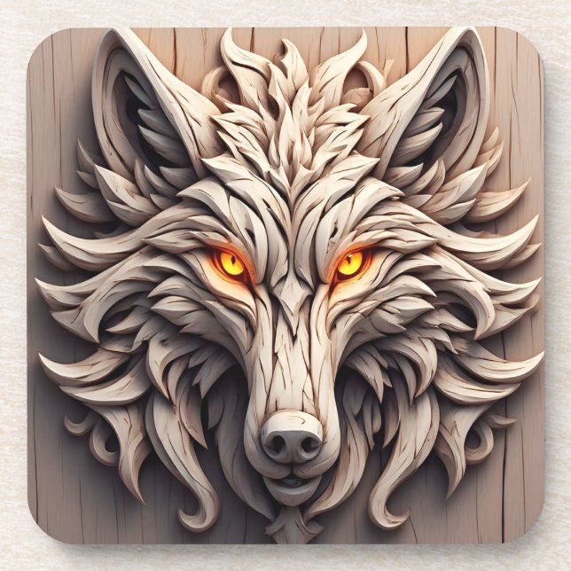 Wooden Wolf Art Carving with Geometric Patterns Coaster (Front)