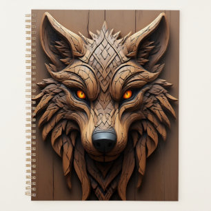 Wooden Wolf Art Carving with Geometric Patterns Planner