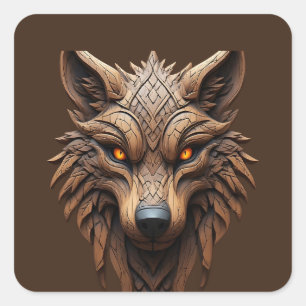 Wooden Wolf Art Carving with Geometric Patterns Square Sticker