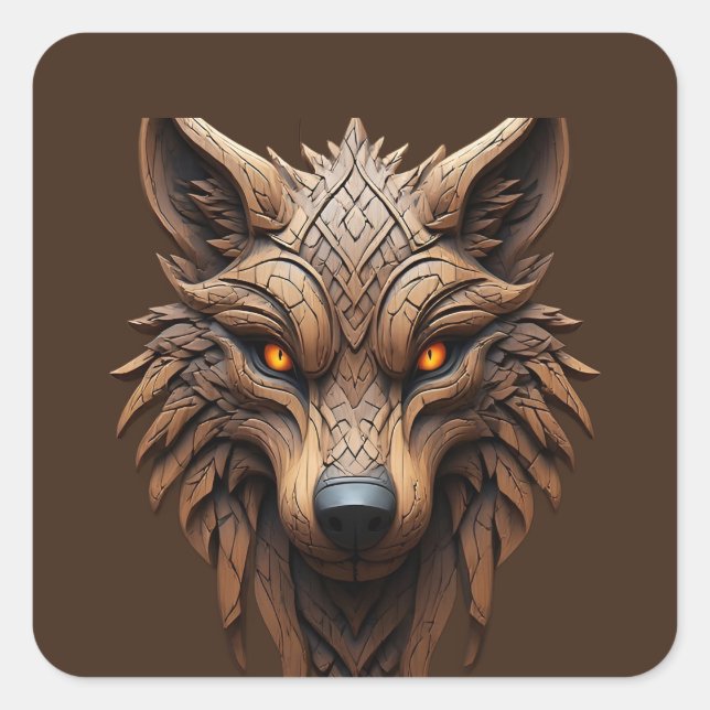 Wooden Wolf Art Carving with Geometric Patterns Square Sticker (Front)
