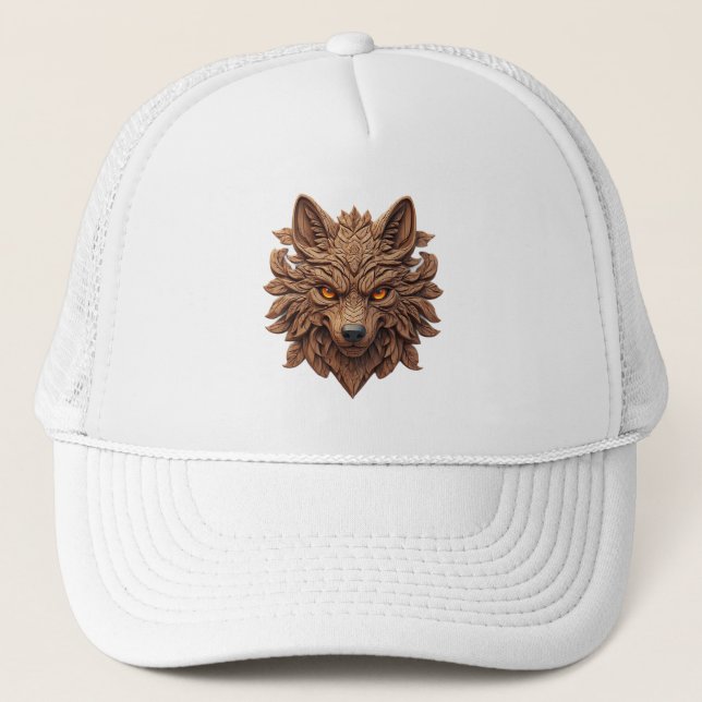 Wooden Wolf Art Carving with Geometric Patterns Trucker Hat (Front)