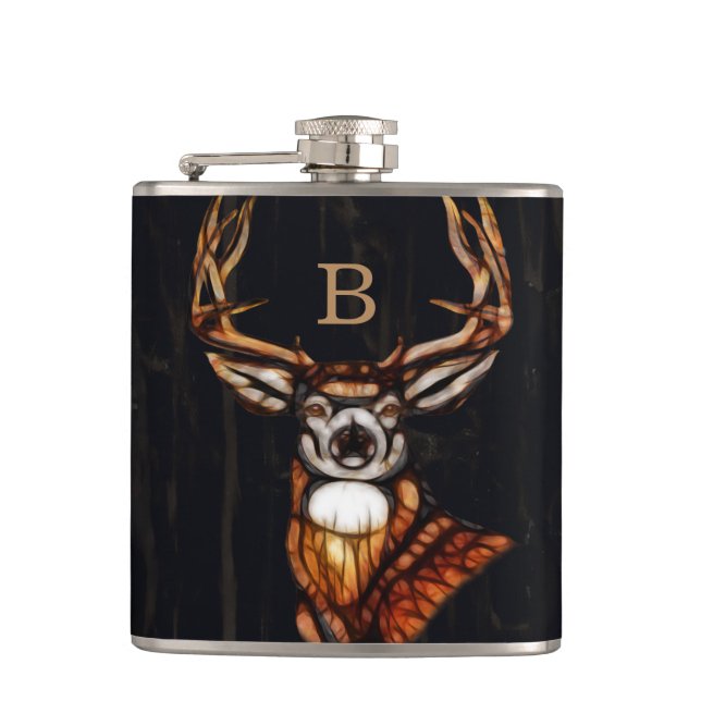 Wooden Wood Deer Rustic Country Unique Monogram Hip Flask (Front)