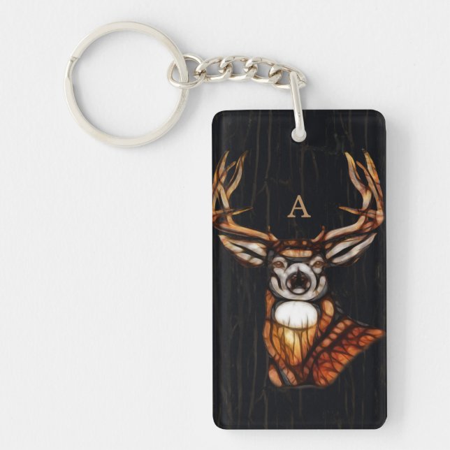 Wooden Wood Deer Rustic Country Unique Monogram Key Ring (Front)