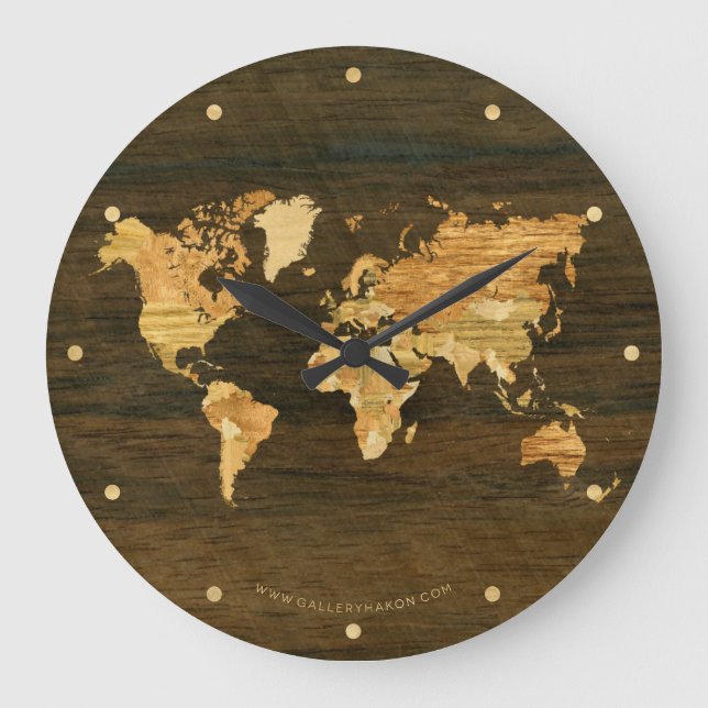 Wooden World Map Large Clock (Front)