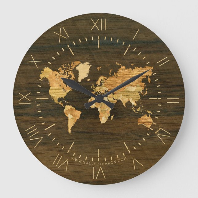 Wooden World Map Large Clock (Front)